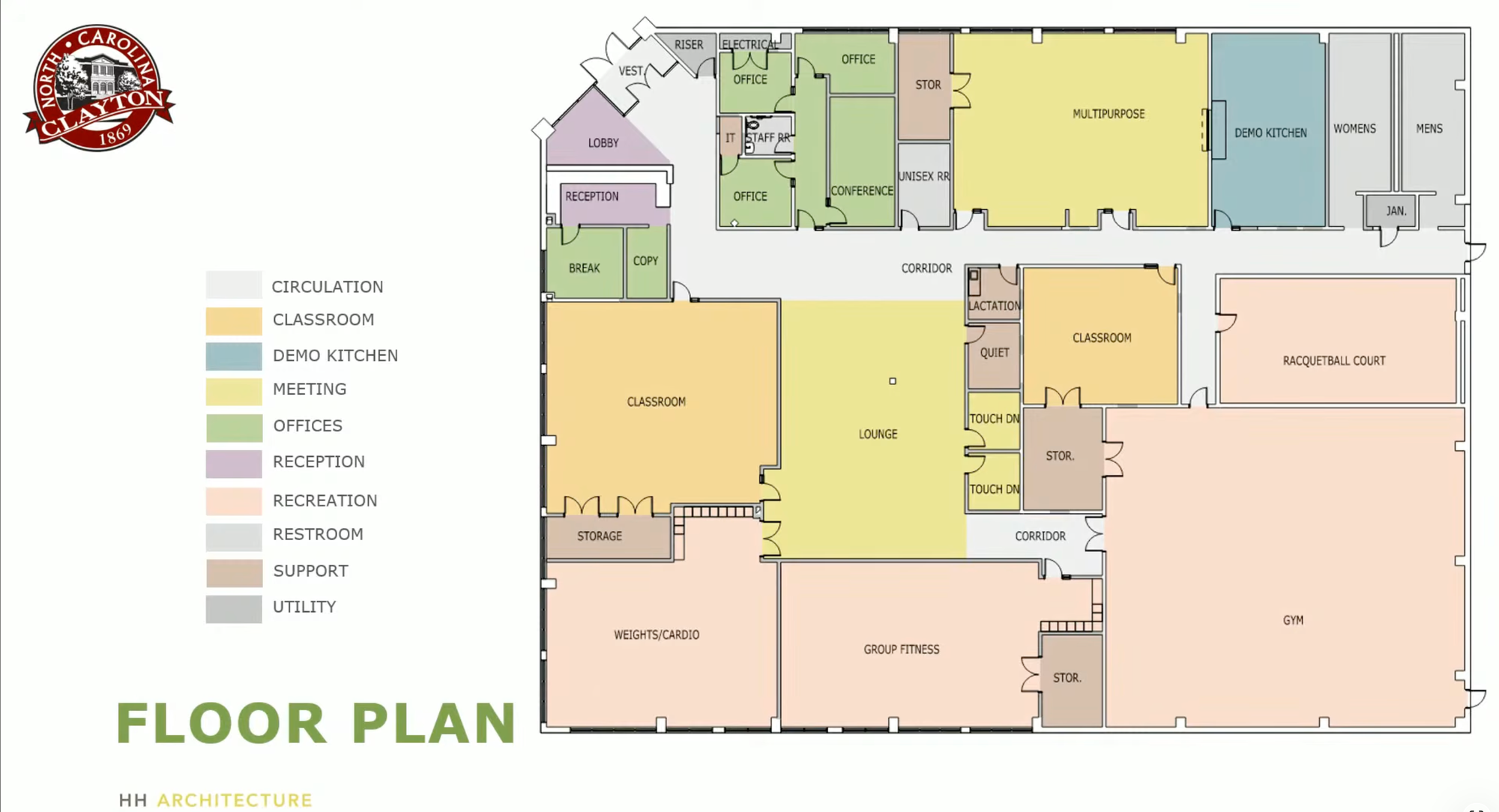 Floor plan for the proposed Clayton Wellness and Activity Center showing classrooms, offices, a multipurpose room, demonstration kitchen, lounge, weights and cardio area, group fitness room, gym, racquetball court, restrooms and support spaces.