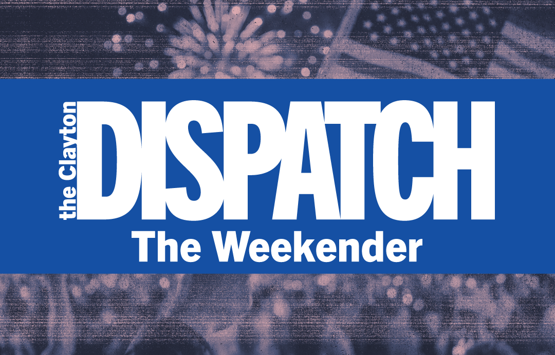 Graphic header for The Clayton Dispatch’s The Weekender, with bold white text on a blue banner over a textured fireworks background.