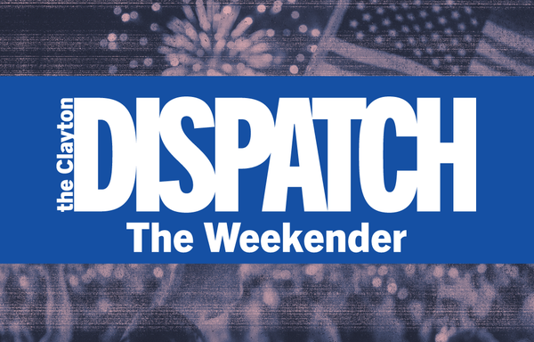 Graphic header for The Clayton Dispatch’s The Weekender, with bold white text on a blue banner over a textured fireworks background.