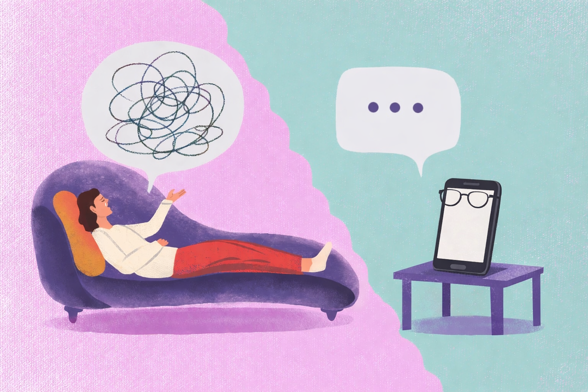 Illustration of a person lying on a therapy couch, speaking to a smartphone dressed up with glasses.