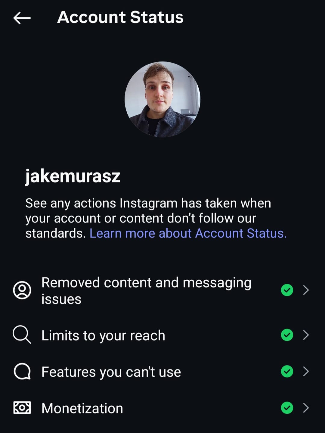 Screenshot of Instagram account status
