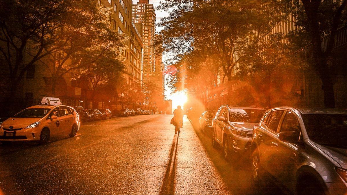 Cyclist biking on urban street at sunset with golden light and parked cars