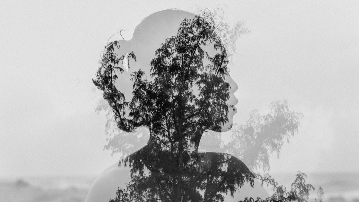 Double exposure portrait of woman with trees symbolizing connection to nature.