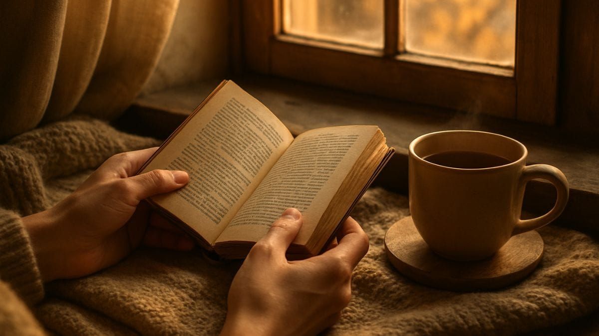 A person reading an old book by the window with a cup of tea on a wooden coaster, in soft warm light.