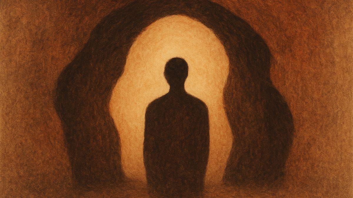Silhouette in a softly glowing cave, symbolizing awareness and return.