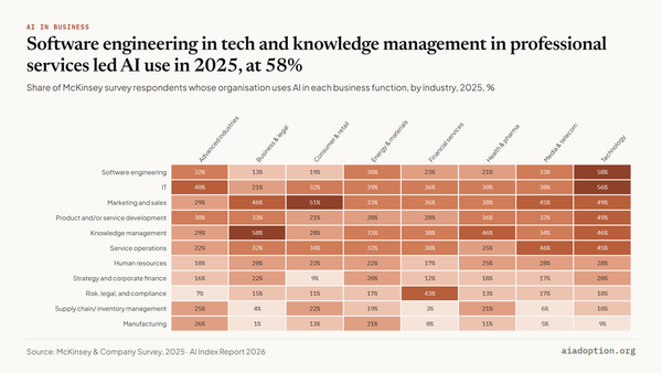 AI use by industry and function, 2025 chart