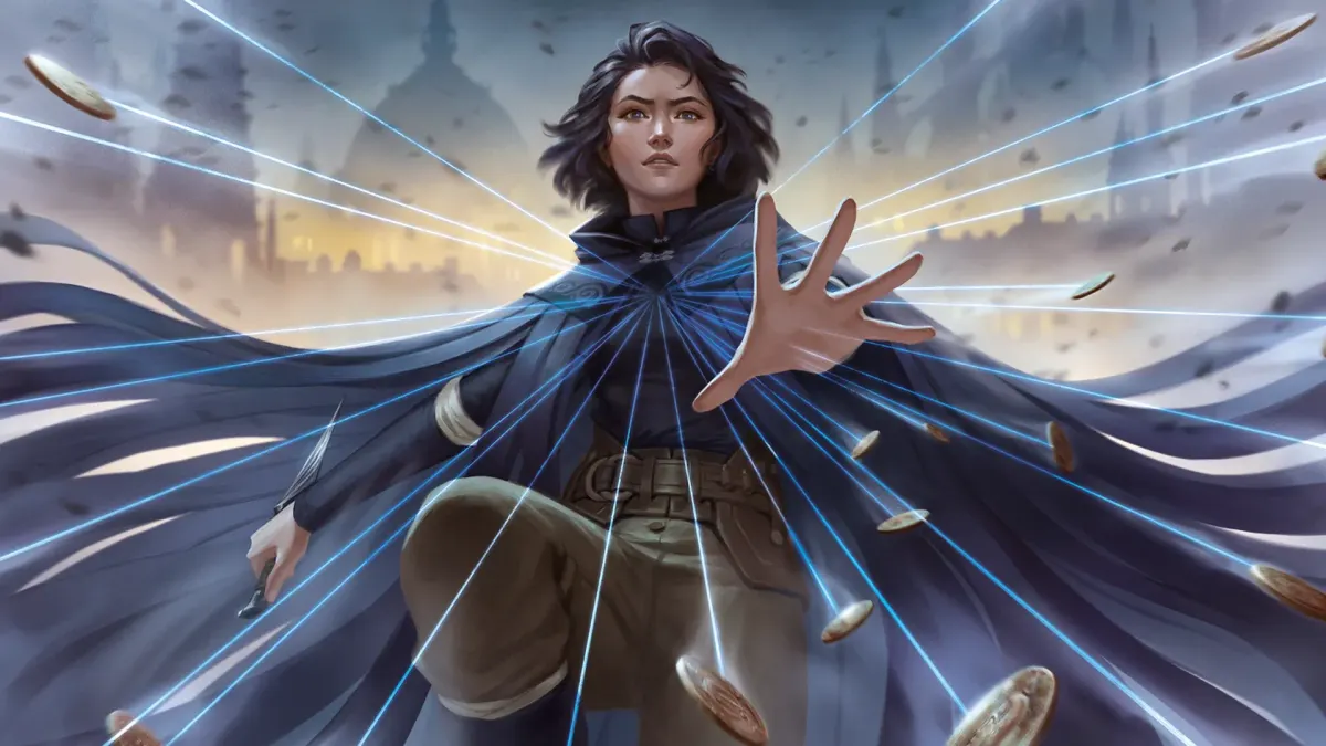 Vin is wearing a mistborn cloak and using her allomantic powers to throw coins.