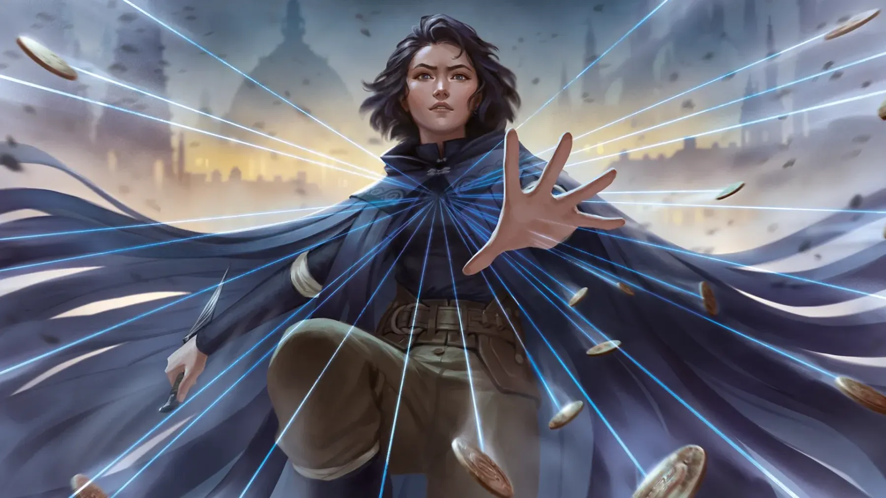 Vin is wearing a mistborn cloak and using her allomantic powers to throw coins.