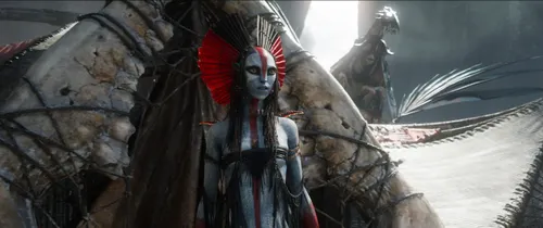 The Na'vi Varang, leader of the Ash Mangkwan clan, standing outside her tent.
