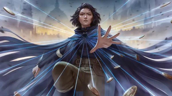 Vin is wearing a mistborn cloak and using her allomantic powers to throw coins.