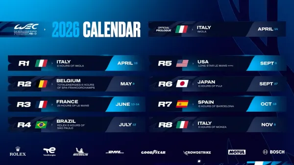 Revised 2026 FIA World Endurance Championship calendar showing Barcelona and Monza as the final two rounds