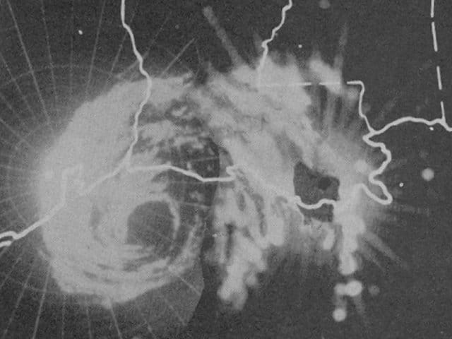 Radar mosaic of MPS-7 23-cm weather radars from&nbsp;Ellington Air Force Base in Houston TX, England Air Force Base in Alexandria, LA, and Houma, LA at 6 AM CST on June 27, 1957. (Imagery courtesy of Texas A&M; Accessed through NOAA).
