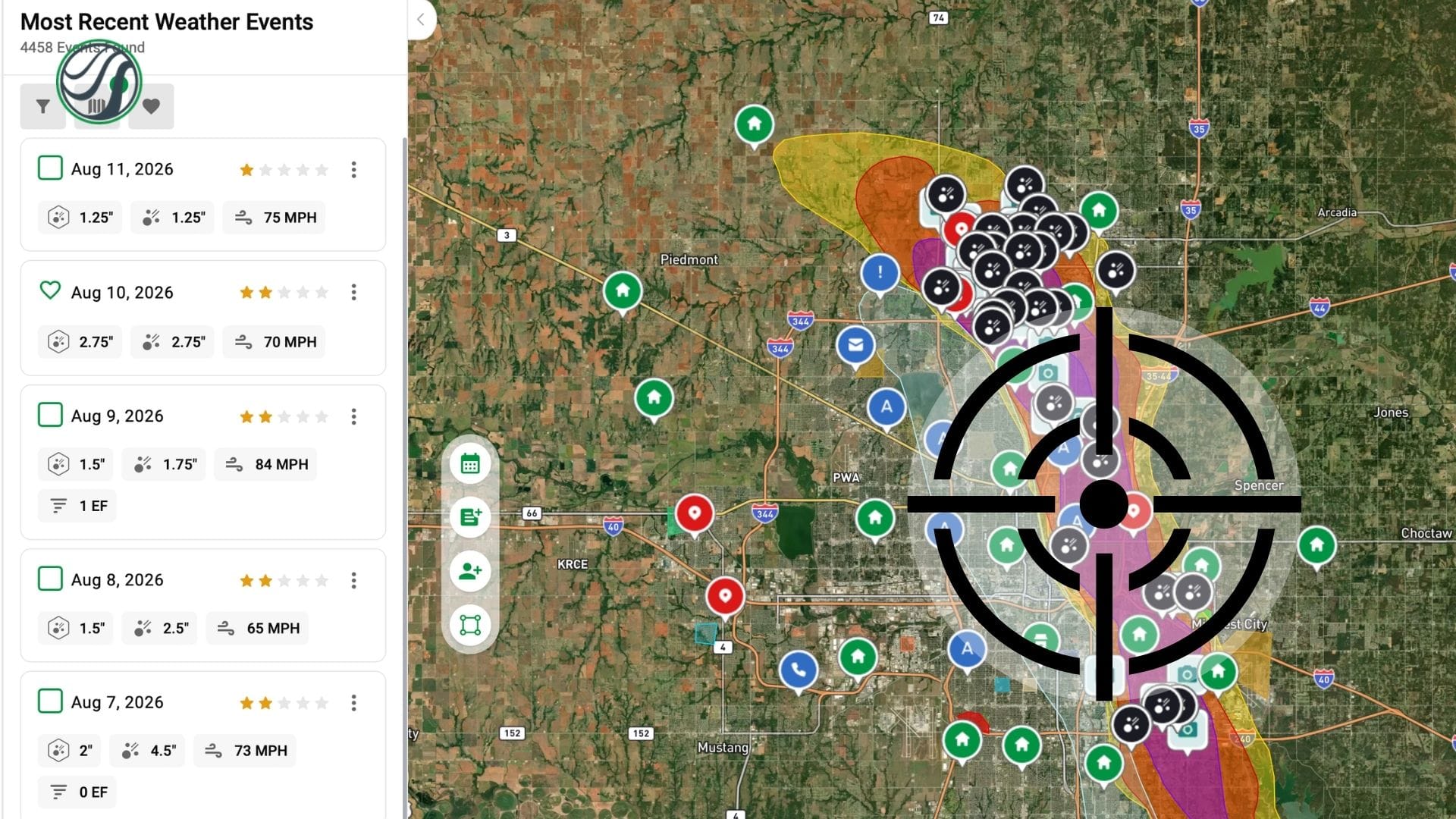 Image of HailTrace map with a target to Generate Roofing Leads