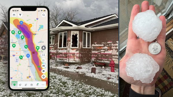 Image of HailTrace app and hailstone that is the best hail tracking app for roofers