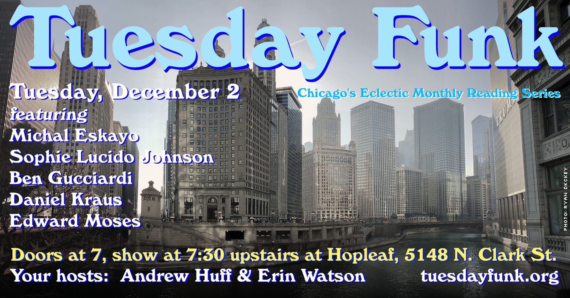 Tuesday Funk #165 Dec. 2, 2025, featuring Michal Eskayo, Sophie Lucido Johnson, Ben Gucciardi, Daniel Kraus, and Edward Moses