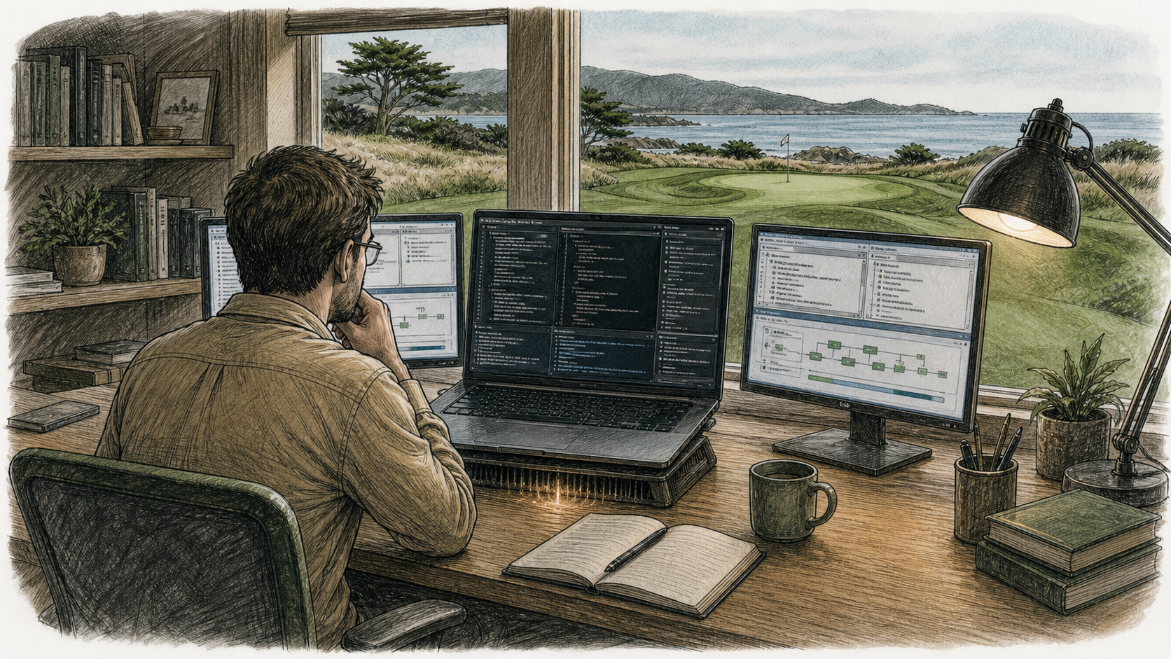 A knowledge worker supervising three parallel AI agent workflows as a laptop works under heavy load.