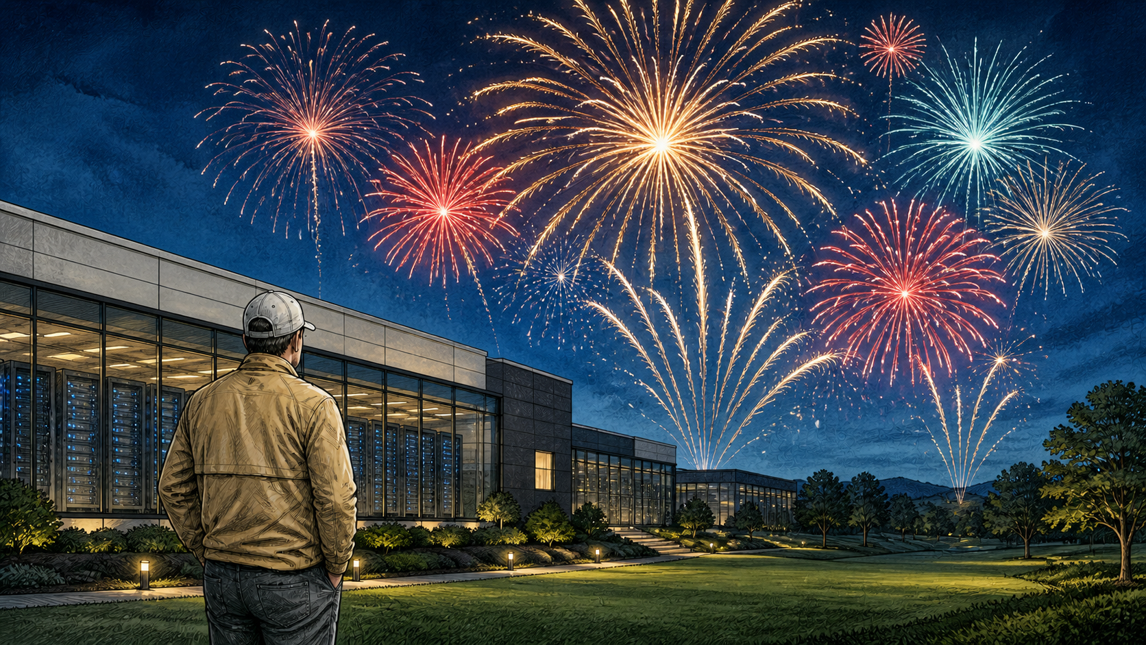 A golfer watches a prominent fireworks display outside a modern AI data center at dusk.