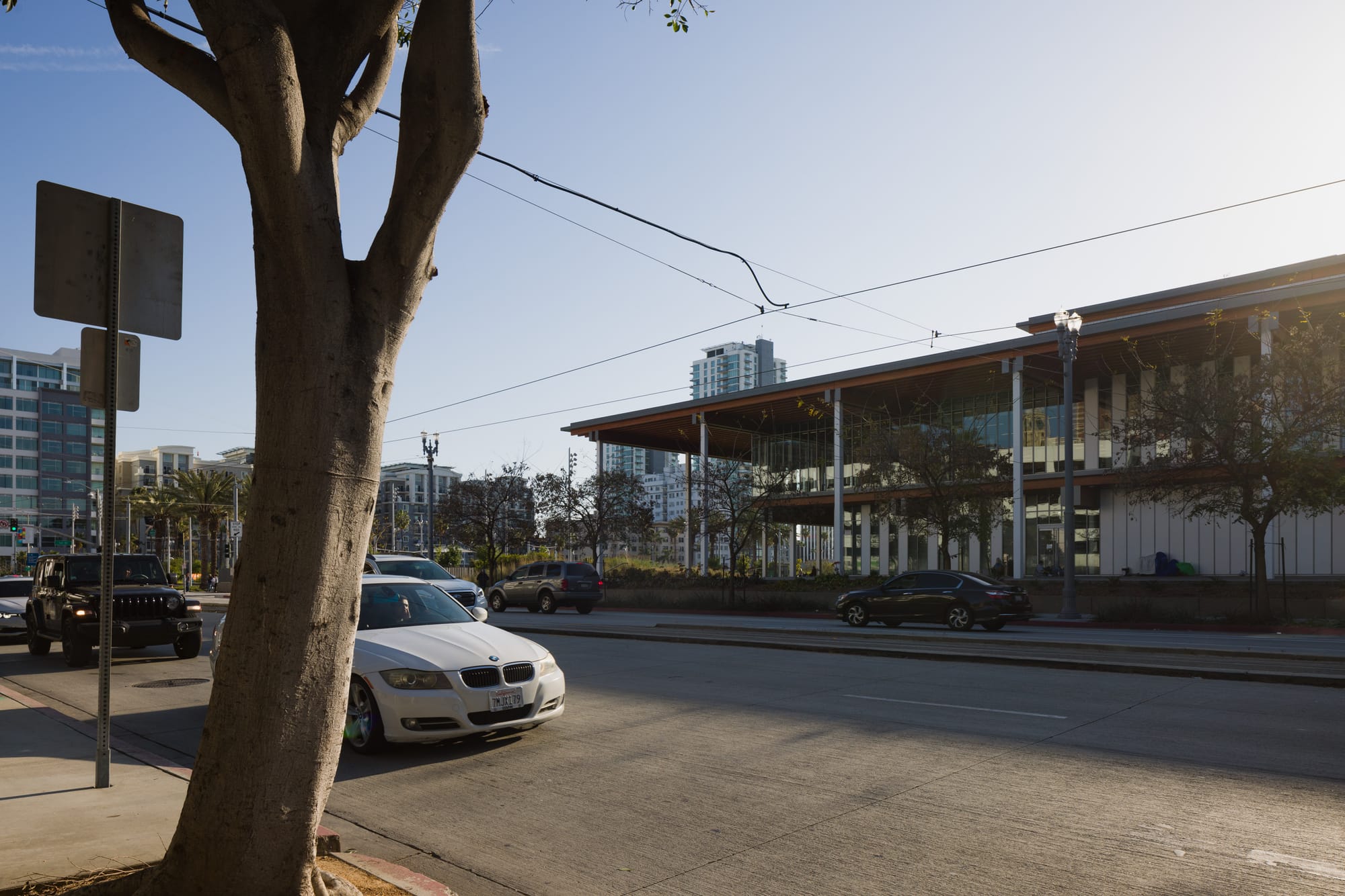 A photo of the Billie Jean King Main Library in Long Beach, California, from across the street.