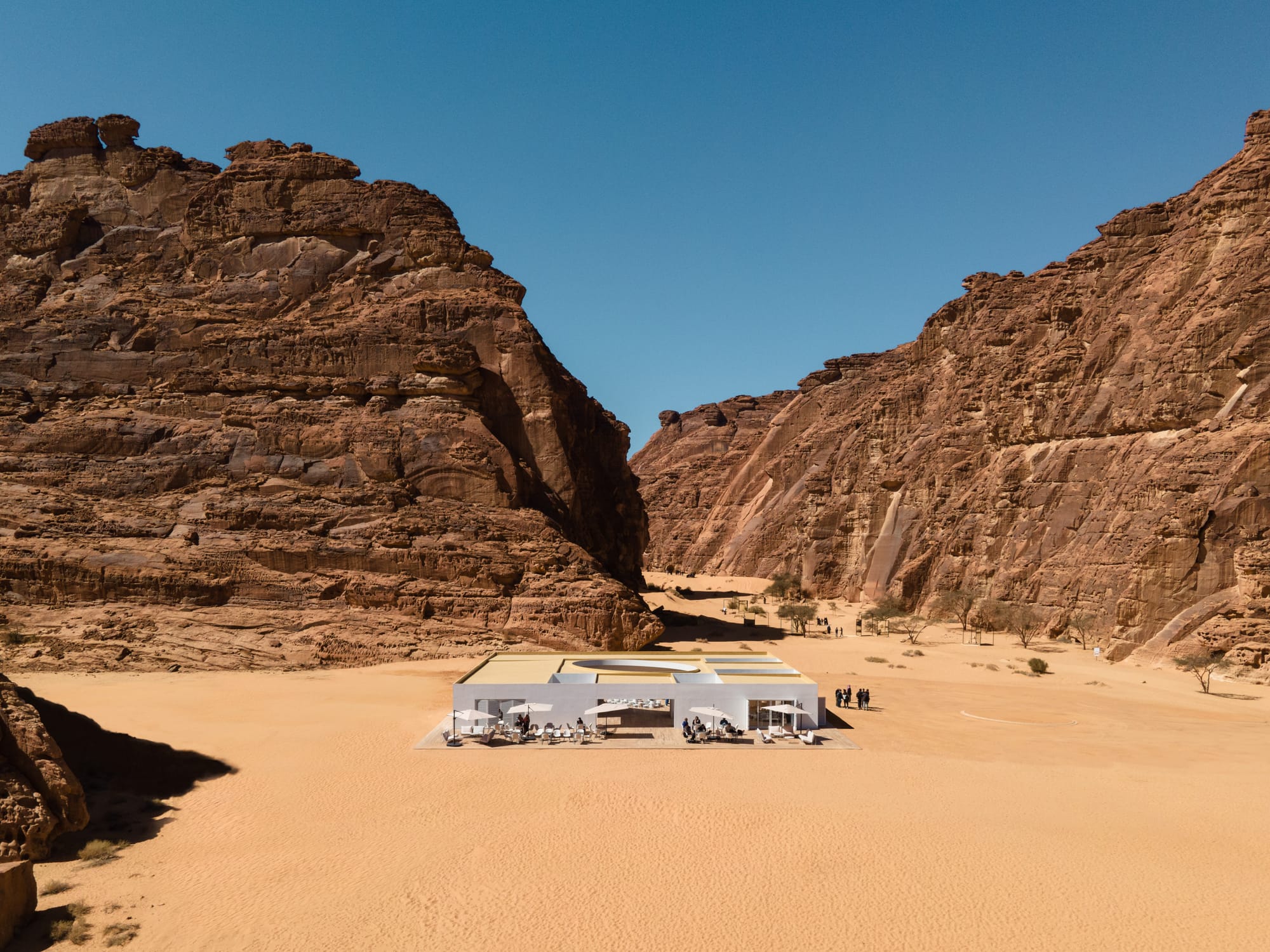 Aerial photo of the Desert X 2022 visitor center in AlUla, Saudi Arabia. Architecture by kwy.studio.