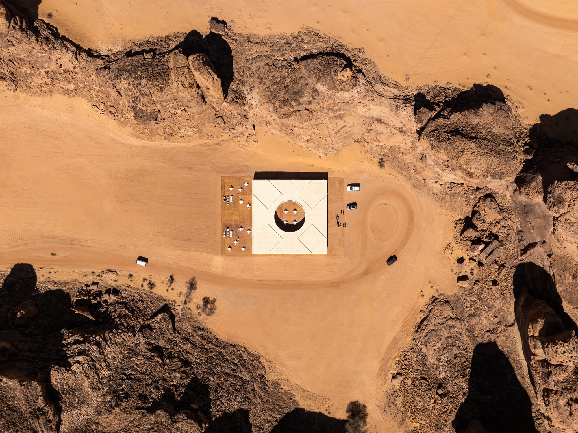 Aerial view from a drone of the The Desert X 2024 visitor center in AlUla, Saudi Arabia, architecture by kwy.studio.