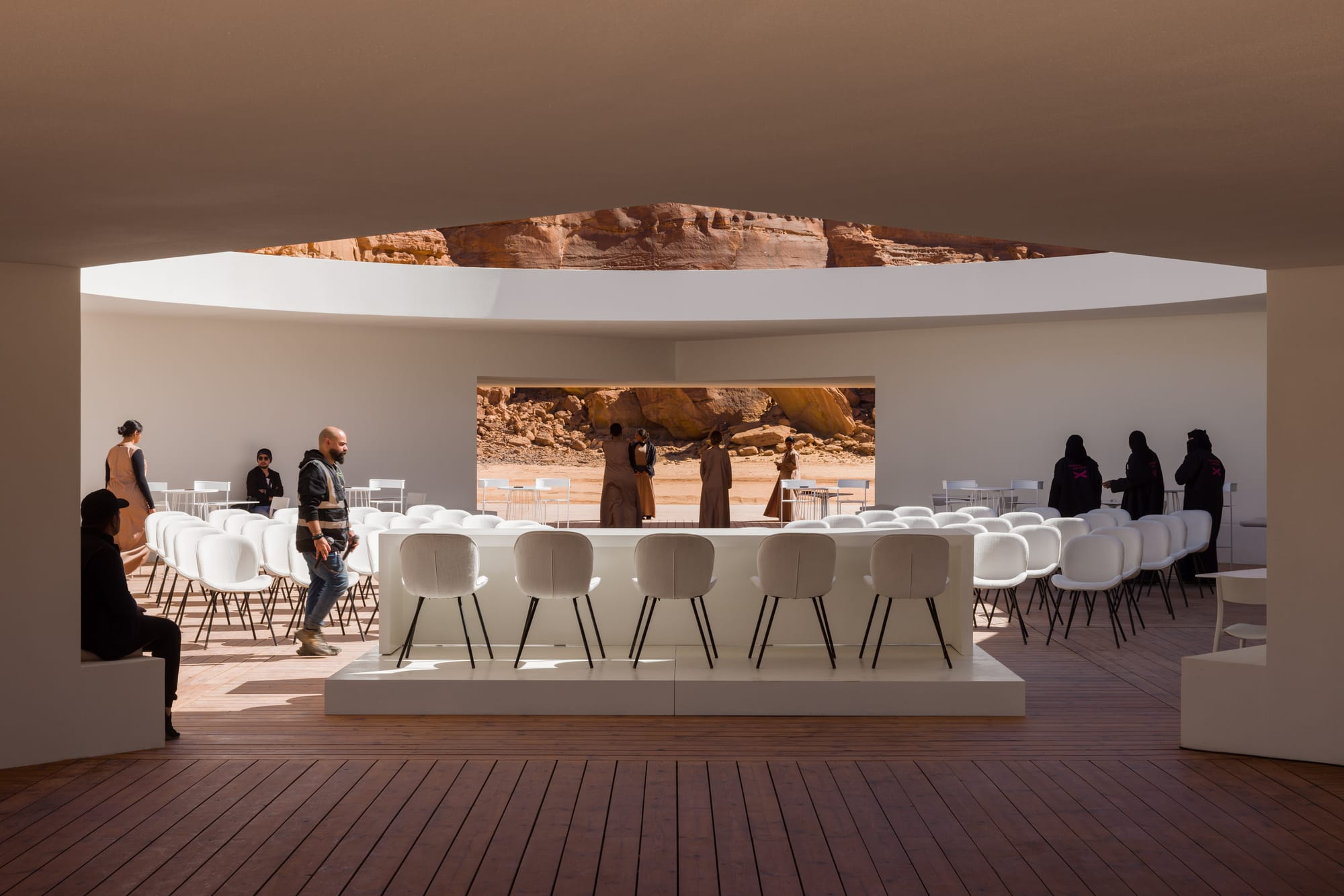 The Desert X 2024 visitor center in AlUla, Saudi Arabia set for a press conference. Architecture by kwy.studio.