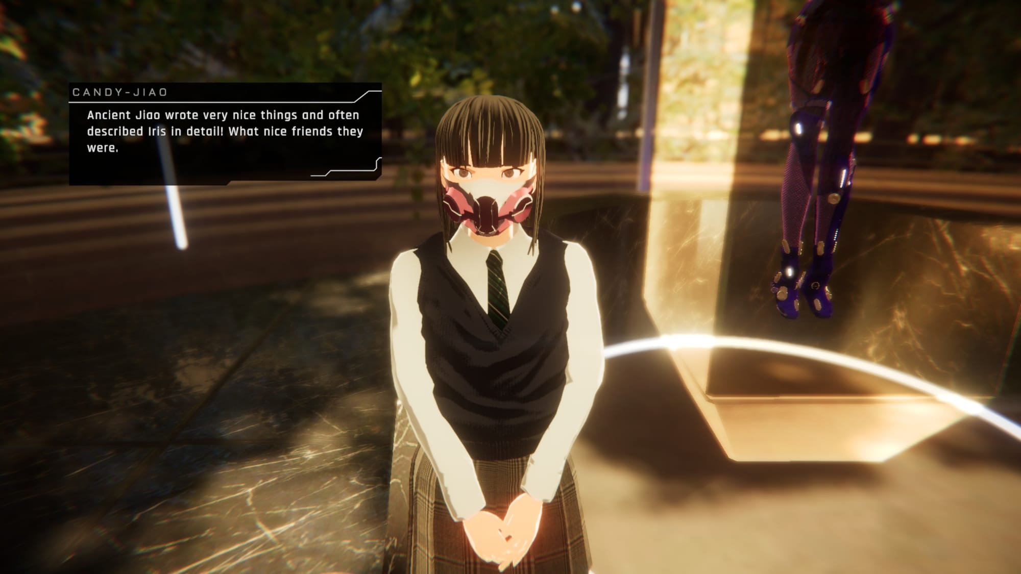 A screenshot of 1000xResist with a character and a text box reading - Candy-Jiao: Ancient Jiao wrote very nice things and often described Iris in detail! What nice friends they were.