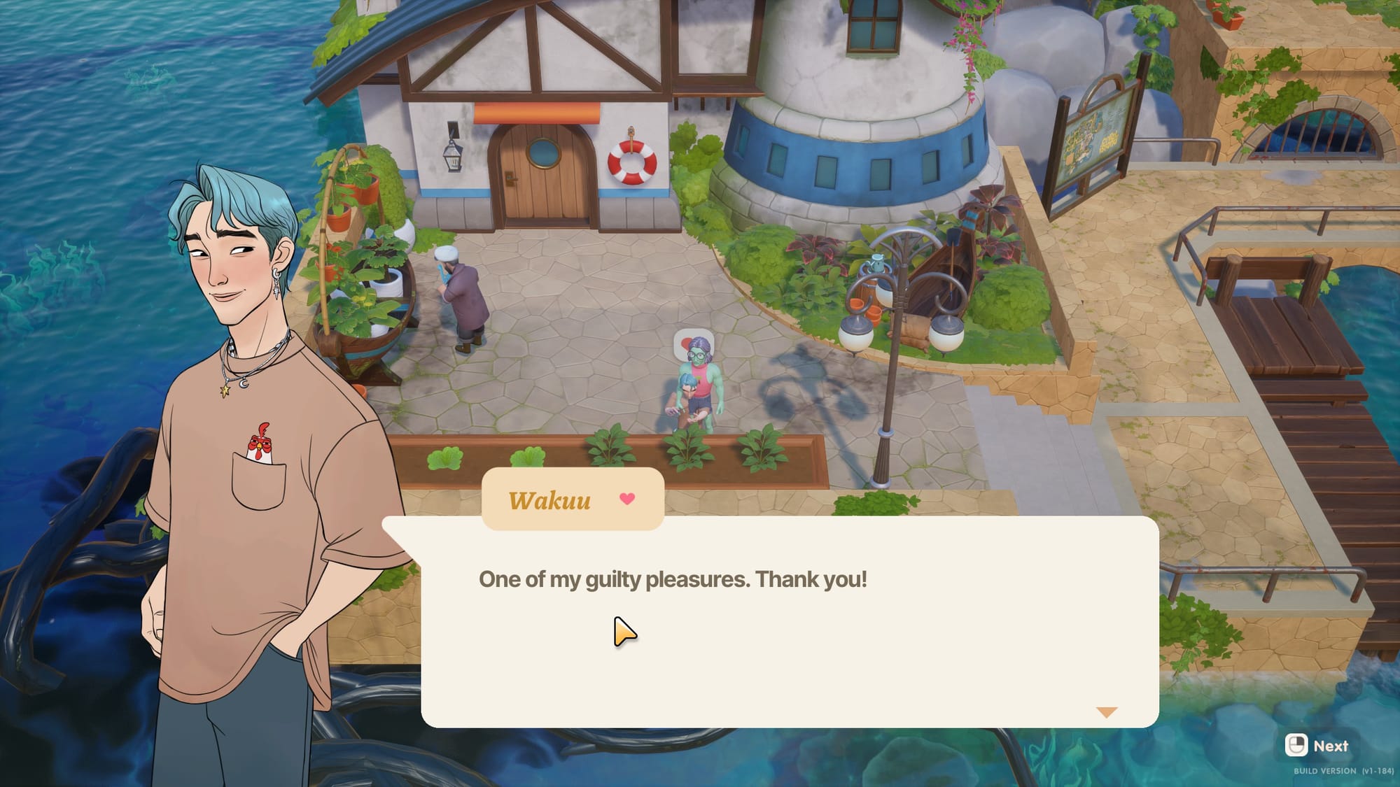 A screenshot of Coral Island featuring a character with the text box reading Wakuu: One of my guilty pleasures. Thank you!
