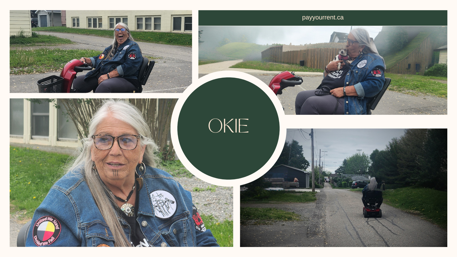 four images of a native woman, long grey hair, jean jacket with MMIWG and Pride patches, laughing, sitting on a scooter, driving away.  Okie.