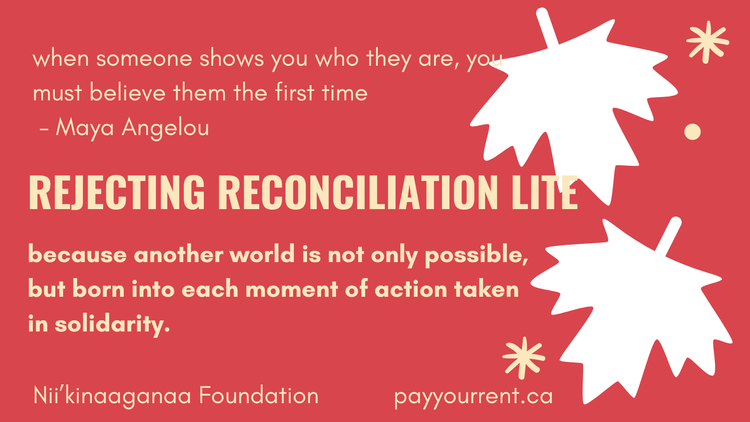Red background with upside down maple leaves falling on the right side. Rejecting Reconciliation Lite