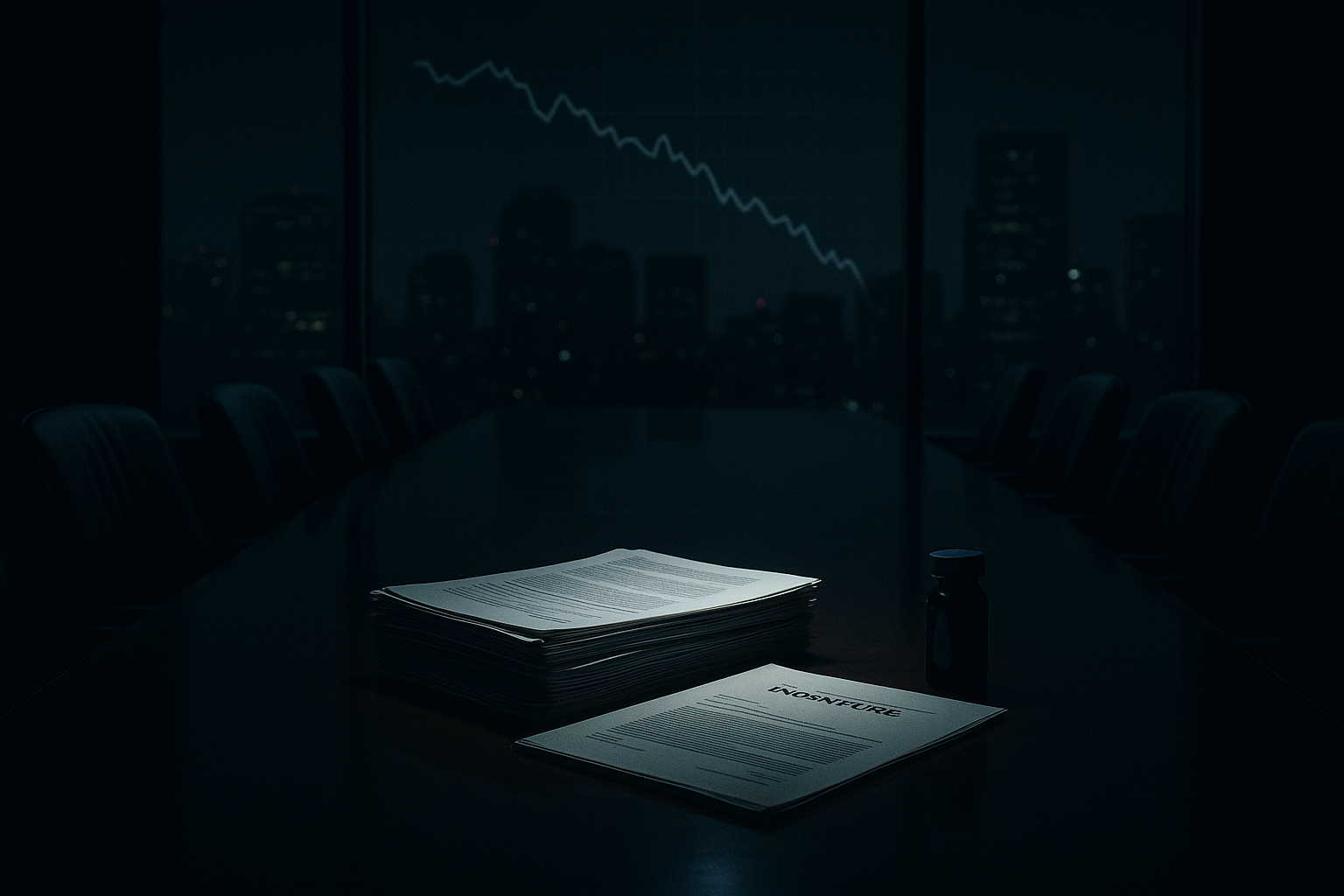 A dark boardroom at night with legal documents lit by a narrow beam