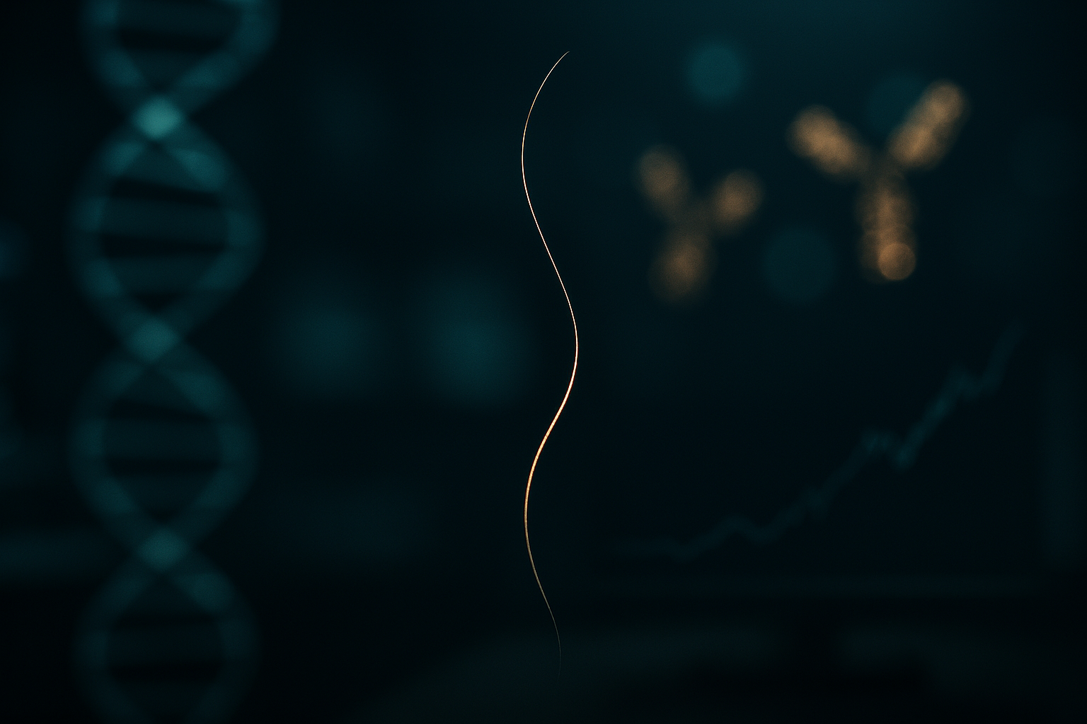 A single illuminated strand against a dark biotech laboratory backdrop