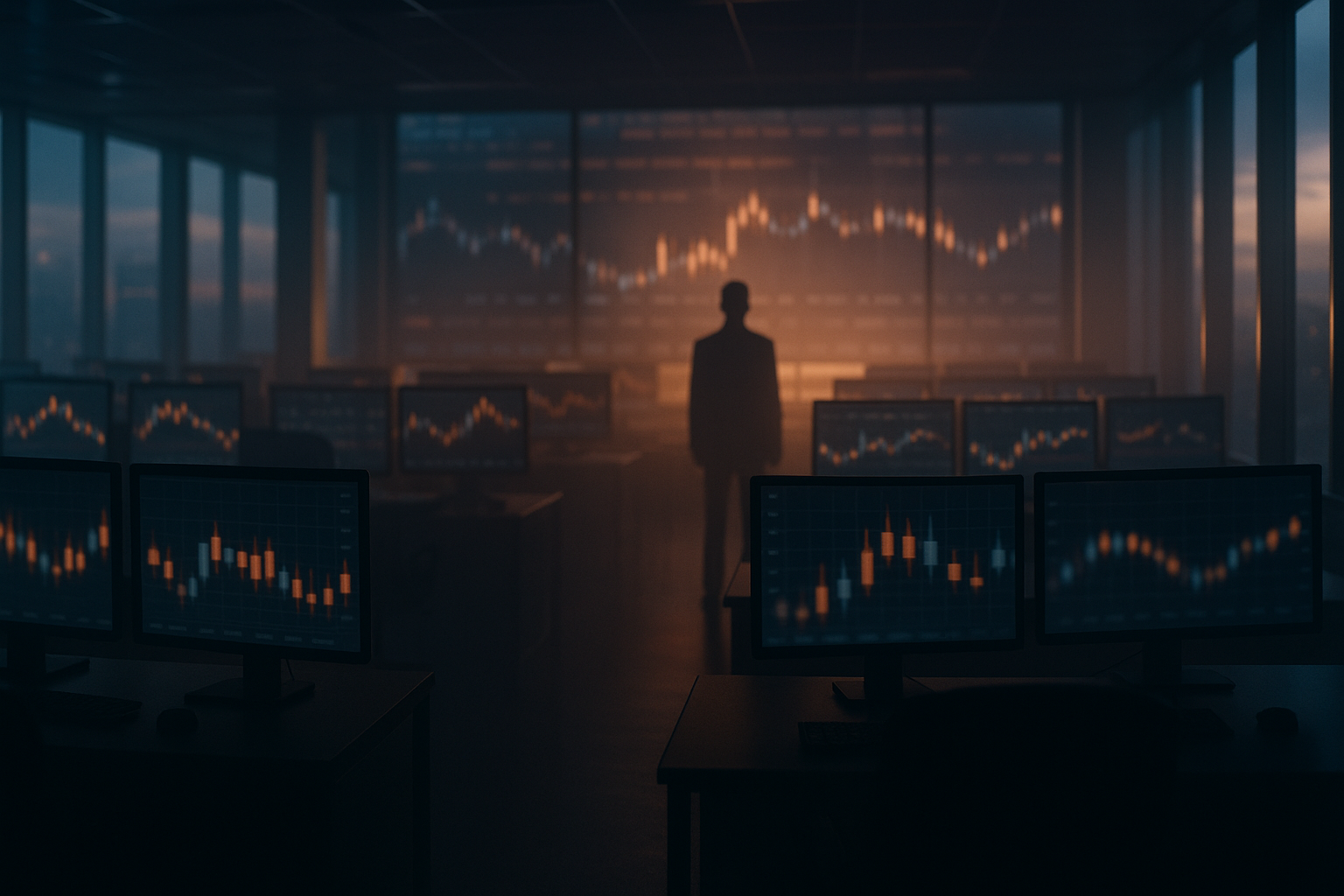 Institutional trading floor at dawn with glowing market screens