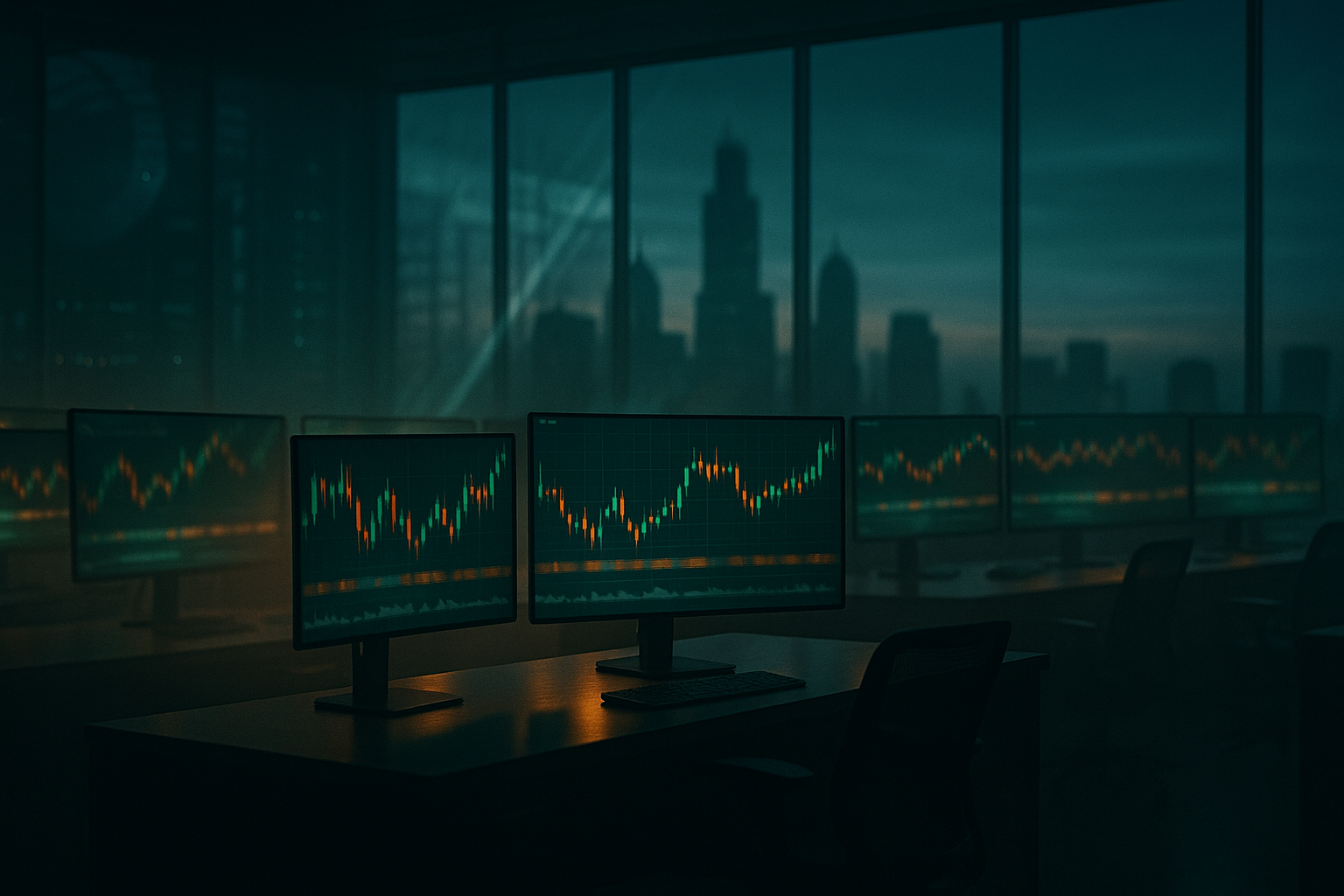 Empty institutional trading floor at dawn, monitors showing candlestick charts