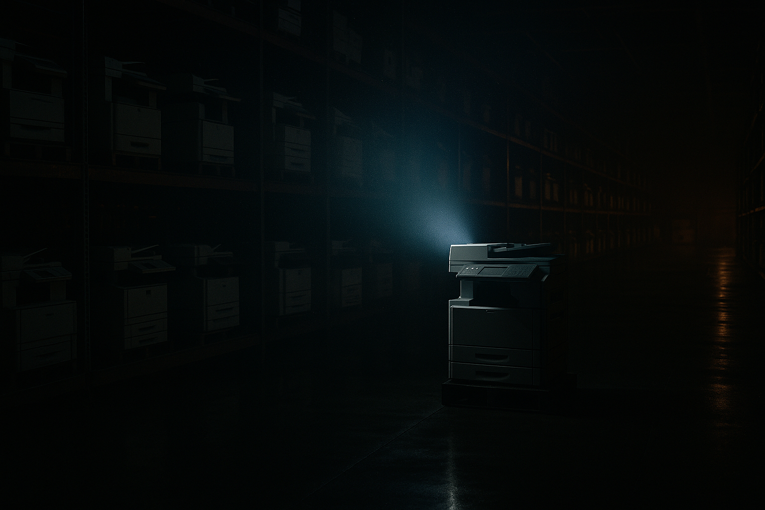 Rows of office printers in a dark warehouse