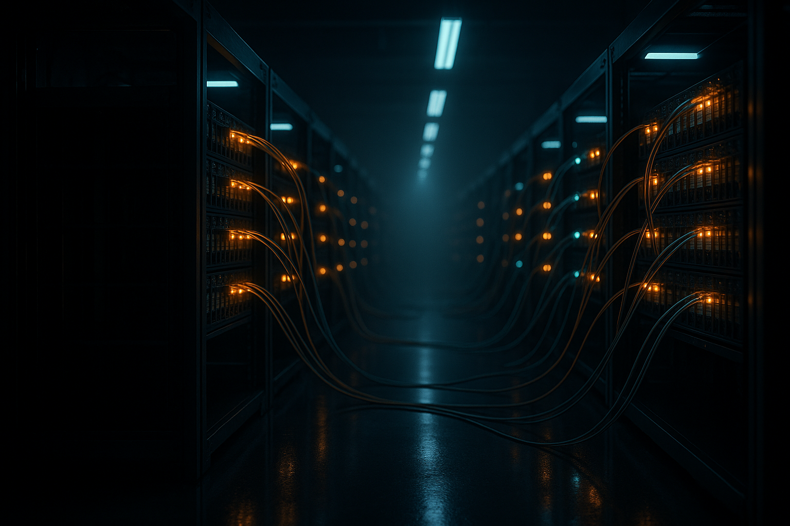 A dark cleanroom aisle of optical transceiver test racks glowing amber and cyan, with fiber patch cables arcing across the floor