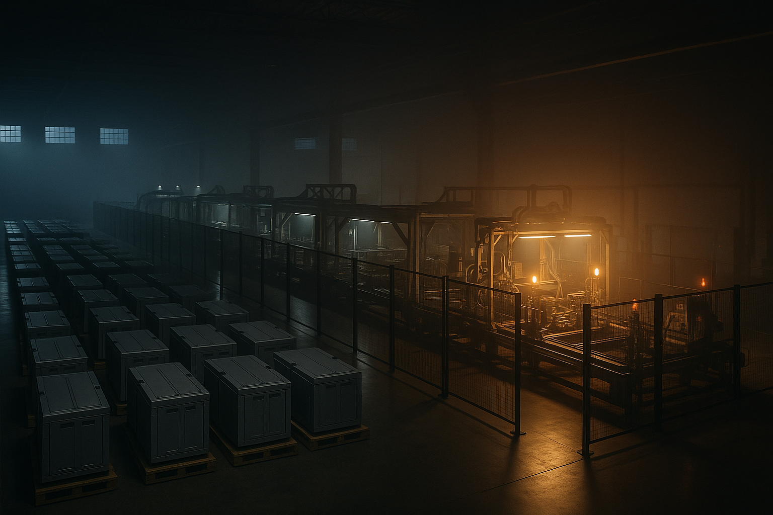 A dark American battery factory floor at night with one automated production line running under amber beacons and a second line standing idle in shadow