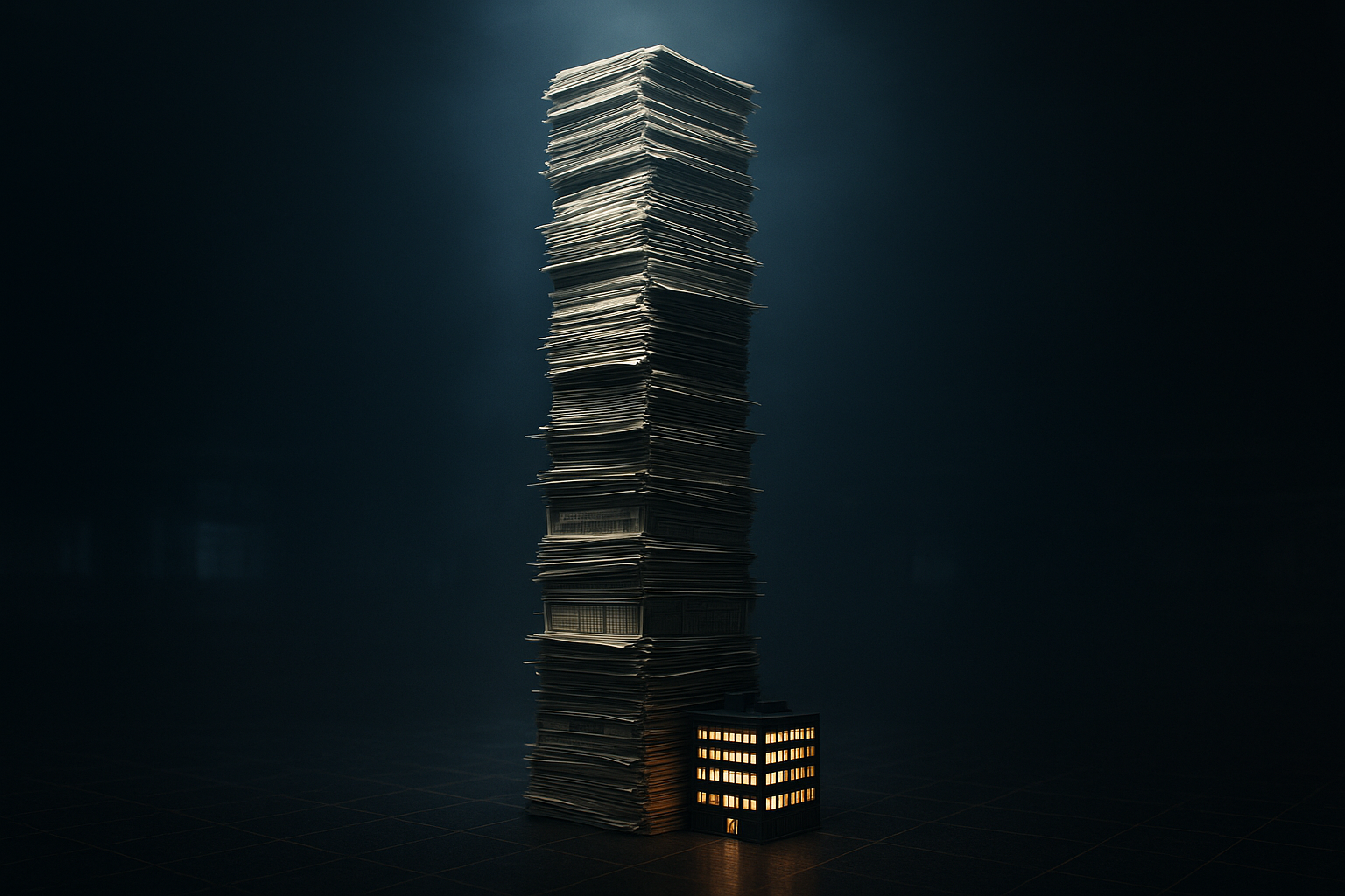 A towering stack of share certificates dwarfing a small lit office building on a dark trading floor