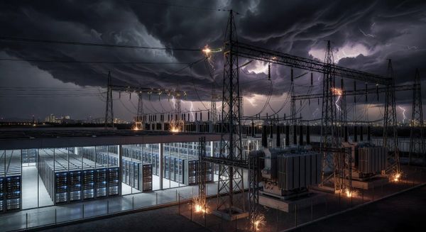 Data center next to overloaded substation under storm clouds