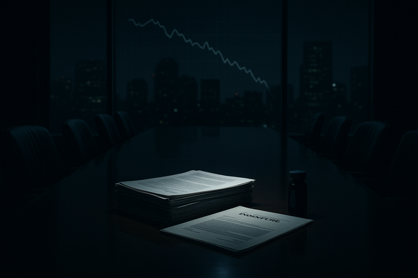 A dark boardroom at night with legal documents lit by a narrow beam