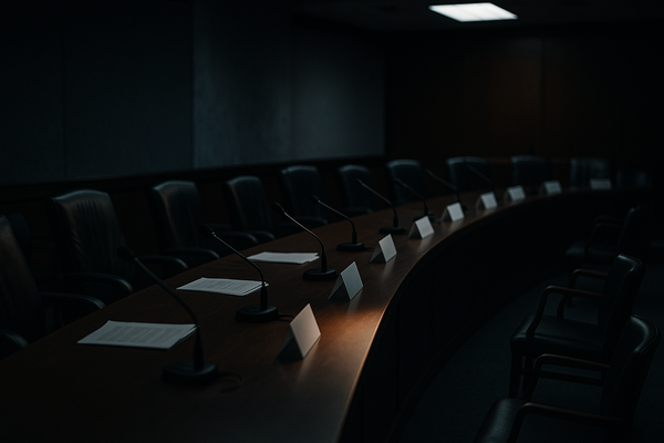 Empty federal advisory committee hearing room after a vote, dark and lit by a single overhead bank