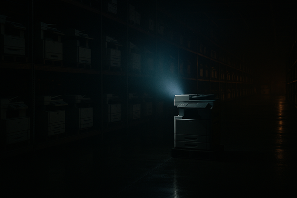 Rows of office printers in a dark warehouse