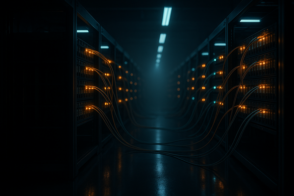 A dark cleanroom aisle of optical transceiver test racks glowing amber and cyan, with fiber patch cables arcing across the floor