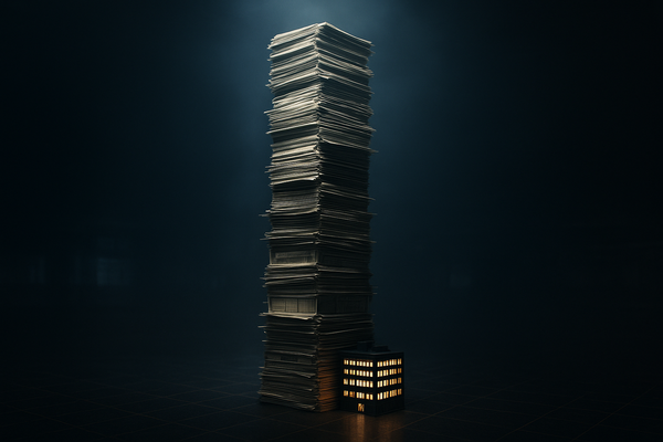 A towering stack of share certificates dwarfing a small lit office building on a dark trading floor