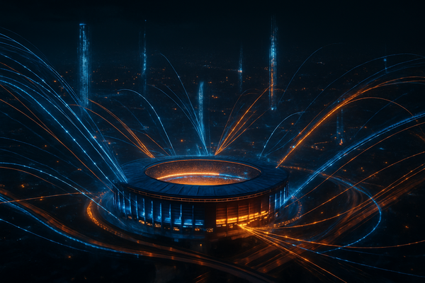 Dark cinematic AI commerce data network with glowing stadium and digital transaction streams in neon blue and amber
