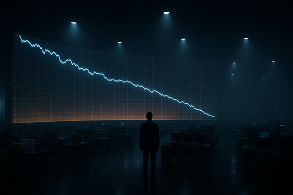 A near-empty trading floor facing a wall of screens showing a steep decline