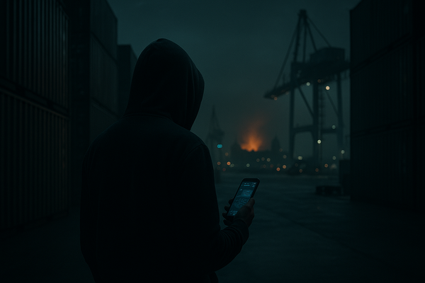 A hooded figure with a glowing phone among shipping containers at night, a distant fire on the port skyline