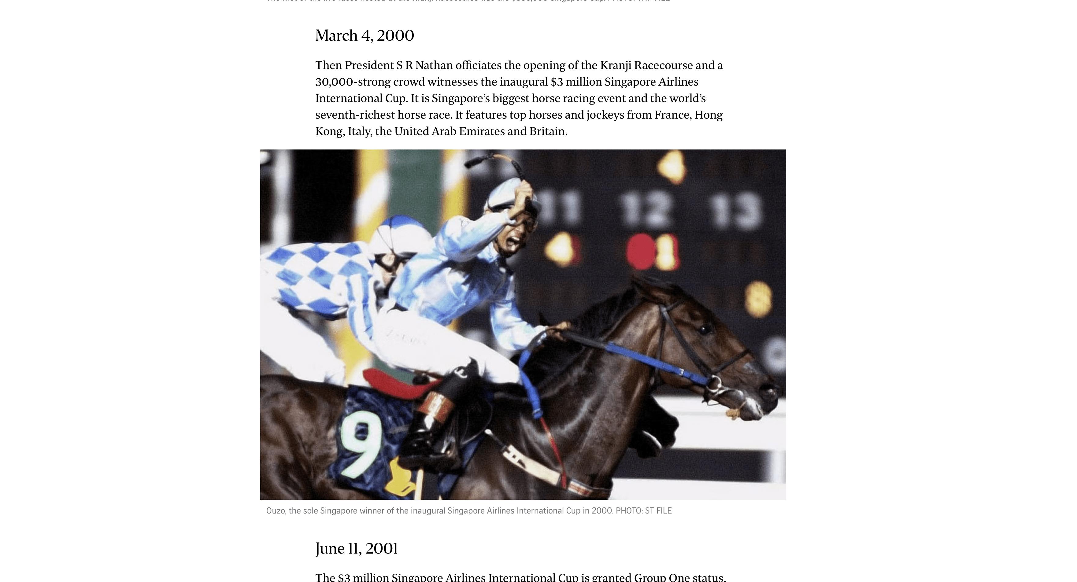the great Ouzo winning the first ever Singapore Airlines international cup.