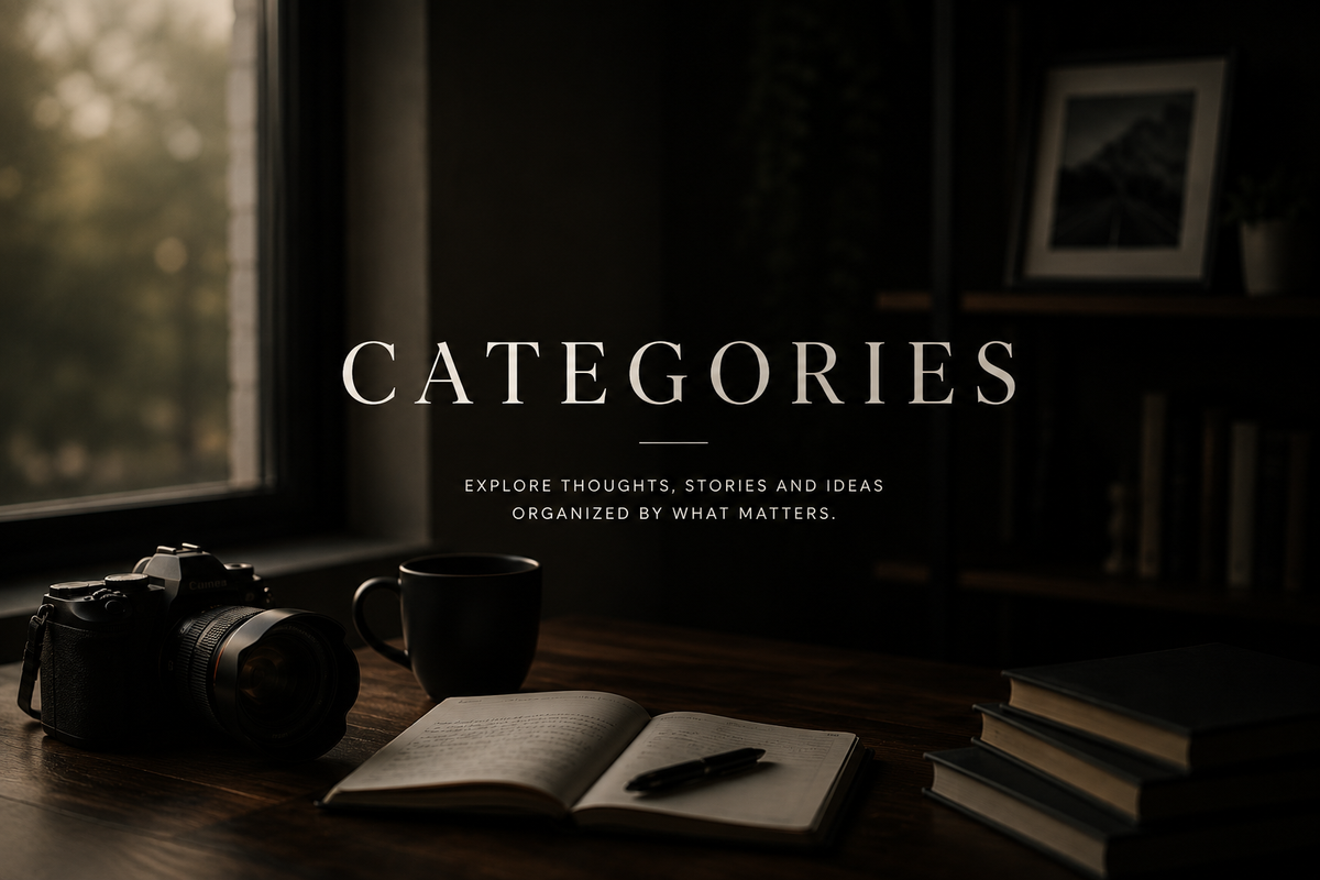 A moody workspace with a camera, coffee mug, open notebook, and books on a wooden desk beside a window, representing the categories page of a personal photography and lifestyle blog.