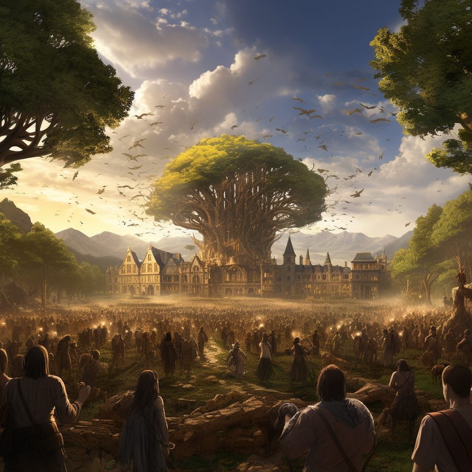 An enormous tree grows from the ruins of a mansion, surrounded by the poor. Generated by Midjourney.