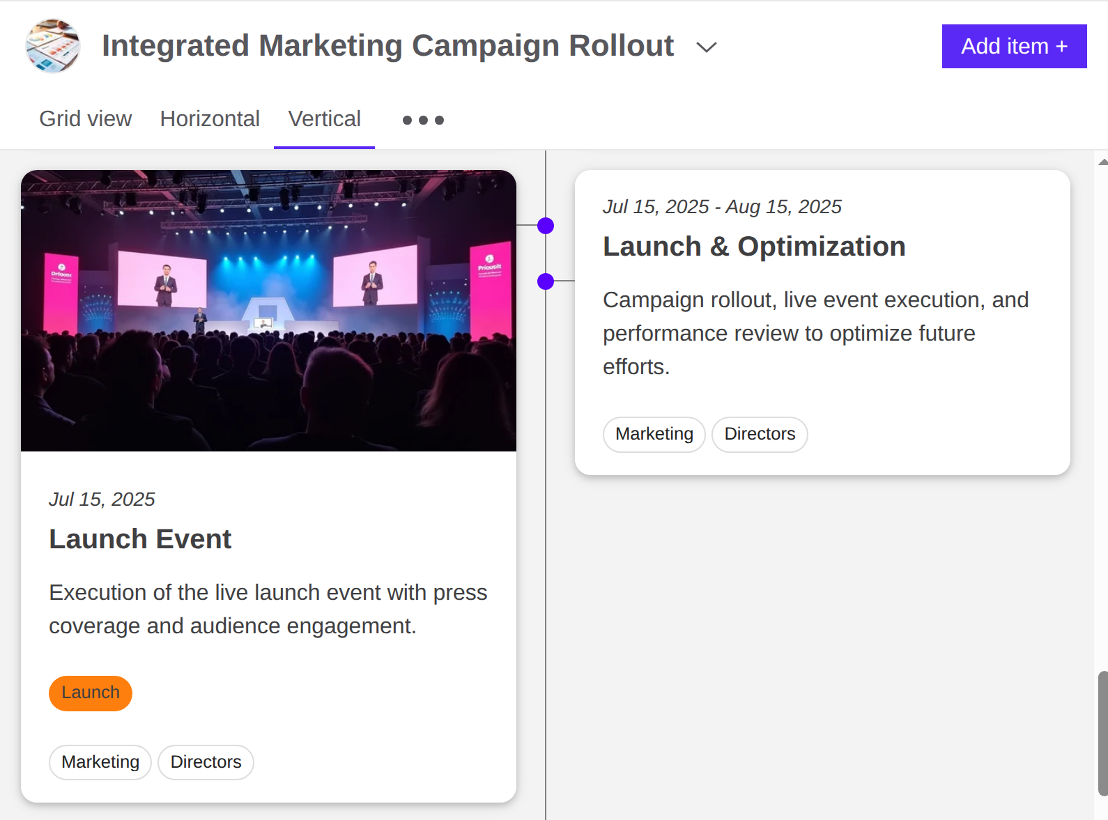 Timetoast Unbound vertical timeline showing project events in a stacked card layout with images, tags, and color-coded labels.